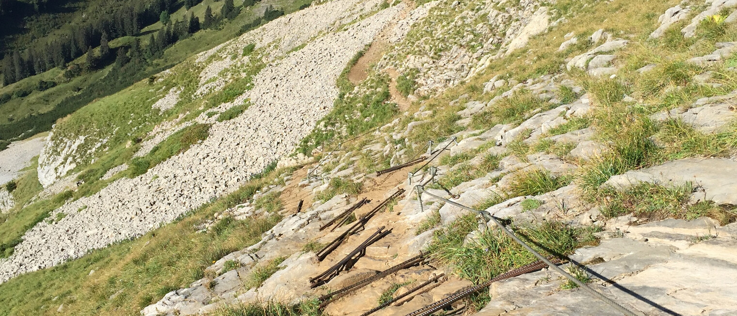 Felsiger Abstieg mit Seilversicherung | © Kleinwalsertal Tourismus eGen