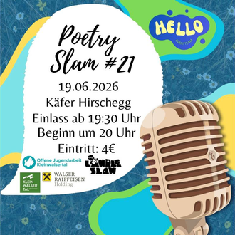 A poster for a poetry slam titled "Poetry Slam #21". The event takes place on June 19, 2026, at Käfer Hirschegg. | © Hello...Eventteam