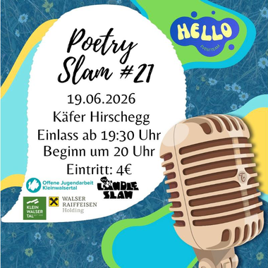 A poster for a poetry slam titled "Poetry Slam #21". The event takes place on June 19, 2026, at Käfer Hirschegg. | © Hello...Eventteam
