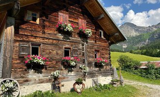 A traditional wooden house with blooming windows and a picturesque backdrop of mountains. The surroundings are green and welcoming, ideal for rural idyll. | © Jennifer Opitz