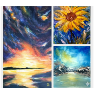 Drei lebendige Gemälde sind abgebildet. Links ein farbenfroher Sonnenuntergang, rechts eine strahlende Sonnenblume und unten ein ruhiges Landschaftsbild mit Bergen und klarem Himmel. | © Dr. Jürgen Körnlein