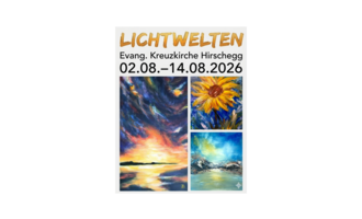 A colorful art exhibition featuring various abstract paintings. The event will take place from August 2 to August 14, 2026, at the Evangelical Kreuzkirche Hirschgegg.