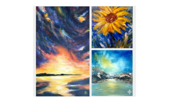 Three vivid paintings are depicted. On the left a colorful sunset, on the right a radiant sunflower, and below a tranquil landscape with mountains and a clear sky. | © Dr. Jürgen Körnlein