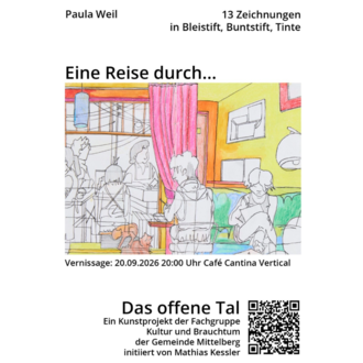 Eine farbenfrohe Kunstwerkskollage mit mehreren Personen in einem Café. Der Titel und Details zur Vernissage sind deutlich sichtbar.