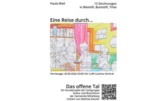 Eine farbenfrohe Kunstwerkskollage mit mehreren Personen in einem Café. Der Titel und Details zur Vernissage sind deutlich sichtbar.
