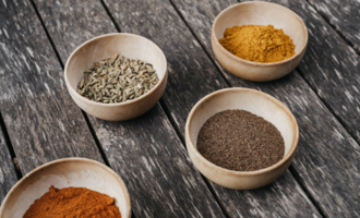 Four small bowls with various spices are placed on a wooden table. The colors of the spices range from orange to yellow to brown. | © Naturhotel Chesa Valisa