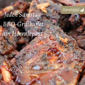 Delicious BBQ grill buffet served every Saturday at Hörnlepass. Enjoy tasty grilled dishes in a sociable atmosphere from 5:00 PM to 8:00 PM. | © Alpengasthof Hörnlepass GmbH