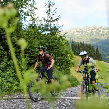 Two cyclists ride on an autumn path through a forest. The colorful leaves and the mountainous landscape in the background create a beautiful outdoor atmosphere. | © Kleinwalsertal Tourismus | Oliver Farys