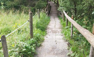 A narrow path made of stones leads through green grass and bushy trees. At the end of the path, a wooden bridge is visible. | © Nicole Lughammer