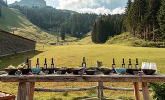A beautiful outdoor table set with wine bottles and various dishes. In the background, gentle hills and trees are visible. | © Auenhütte | Basti Heckl