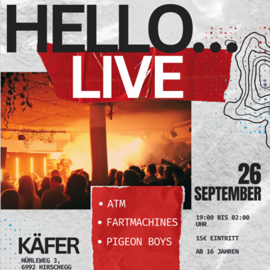 A concert poster for a live event featuring various bands. The event takes place on September 26 at Käfer. | © Hello... Eventteam - Verein der Jugend