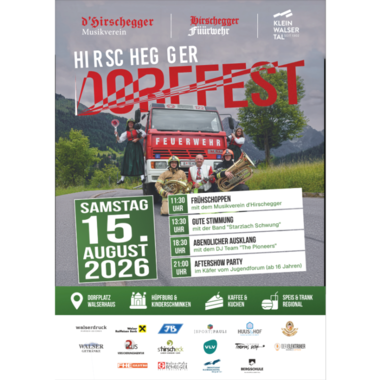 A poster for the village festival with date and program information. In the background, there is a green landscape image. | © Flyer Hirschegger Dorffest
