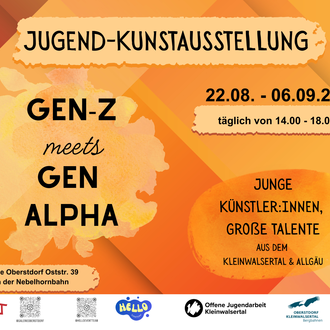 Eine Einladung zur Jugend-Kunstausstellung "GEN-Z meets GEN ALPHA". Die Ausstellung findet vom 22. August bis 6. September 2026 täglich von 14.00 bis 18.00 Uhr statt.