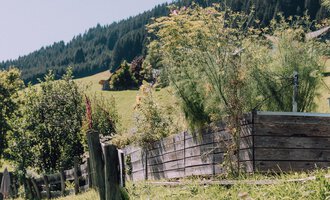 A beautiful garden with a wooden fence and lush vegetation. In the background, gentle hills rise surrounded by trees. | © Das Naturhotel Chesa Valisa