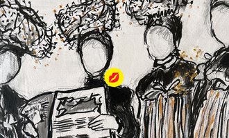 A stylized drawing of people in historical clothing without facial features. They are holding a poster or a newspaper in their hands. | © Andrea Kainz