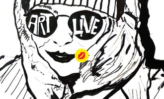An artistic portrait of a person wearing a hood and sunglasses, with the words "ART LIVE" written on it. The style is black and white and has a modern, graphic touch. | © Andrea Kainz