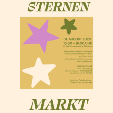 Ein farbenfrohes Bild mit verschiedenen Sternen in Pink und Grün. Informationen zu einem Event am 01. August 2026 in der Sternpassage, Riezlern. | © Miriam Kosmis