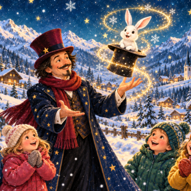 A magician pulls a rabbit out of a top hat while a group of children watches enthusiastically. In the background, there are snow-covered mountains and festively lit houses.