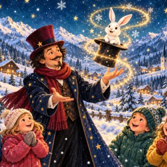 A magician pulls a rabbit out of a top hat while a group of children watches enthusiastically. In the background, there are snow-covered mountains and festively lit houses.