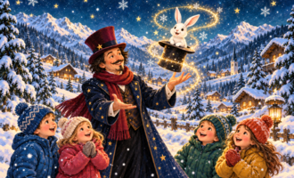 A magician pulls a rabbit out of a top hat while a group of children watches enthusiastically. In the background, there are snow-covered mountains and festively lit houses.