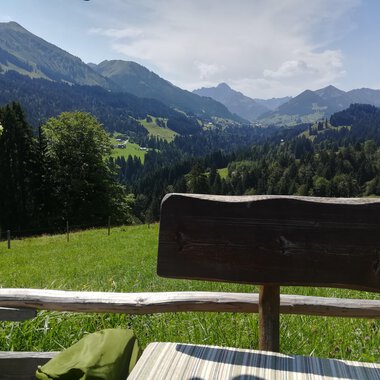 Eine idyllische Berglandschaft mit grünen Wiesen und hohen Bergen im Hintergrund. Im Vordergrund ist eine Holzbank mit einem Tisch zu sehen. | © Alpe Hinterenge1 | Nicole Lughammer