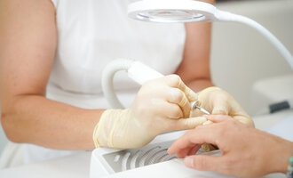 Eine Kosmetikerin führt eine Maniküre durch. Sie trägt Handschuhe und arbeitet mit einem elektrischen Gerät an einer Hand. | © Annett Schwärzler Nails & Spa | Stefanie Haid