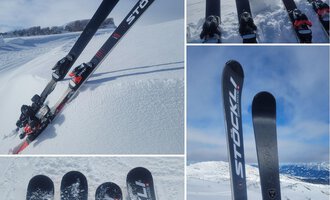 Eine Gruppe von Skiern liegt auf frischem Schnee vor einer winterlichen Bergkulisse. Die Skier sind von der Marke Stöckli und zeigen ein modernes Design. | © Austrian Ski- & Service Ranch | Trixi Leitner