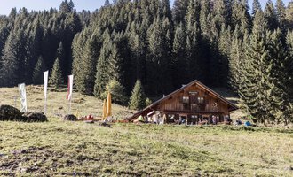 Ein Holzhaus in den Bergen umgeben von Bäumen. Im Vordergrund sind Wiese und Fahnen zu sehen. | © Kleinwalsertal Tourismus | Bastian Morell