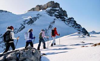 A group of hikers is moving through a snow-covered landscape. In the background, impressive rocks and a clear blue sky can be seen. | © Kleinwalsertal Tourismus | Oliver Farys