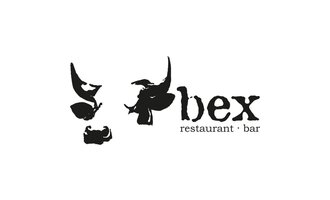 Ein schwarzes Logo mit stilisierten Kuh- und Bullenfiguren. Der Name "bex" steht darunter, zusammen mit den Worten "restaurant · bar". | © bex - restaurant - bar Logo