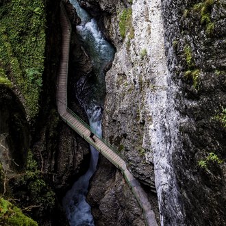 Eine malerische Schlucht mit steilen Felsen und einem fließenden Bach. Üppiges Grün umgibt die Umgebung und schafft eine ruhige Atmosphäre. | © Breitachklamm | Dominik Berchtold
