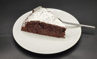 Ein Stück Schokoladenkuchen auf einem weißen Teller. Der Kuchen ist mit Puderzucker bestäubt und hat eine lockere Konsistenz.