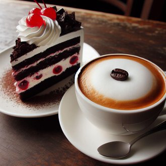 Ein Stück Schokoladentorte mit Kirschen und Sahne neben einer Tasse Kaffee mit cremigem Schaum. Perfekte Kombination für eine süße Pause. | © KI erstellt