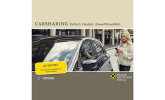 A modern urban area with a black car and a woman looking at her phone. The text emphasizes the benefits of car sharing: simple, flexible, and environmentally friendly. | © Walser Raiffeisen Holding | Caruso