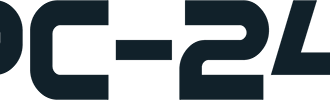 Ein modernes Logo mit der Aufschrift "PC-24-7". Die Farben sind Orange und Dunkelblau, was einen professionellen Eindruck vermittelt.