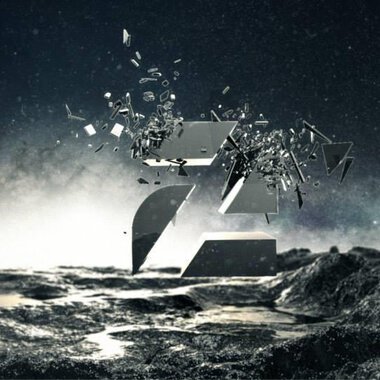 A dynamic logo made of fragments that hovers in the air. The background is dark and mysterious, creating a special atmosphere.