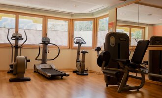A modern gym with various fitness equipment. The large windows let in plenty of daylight, creating a pleasant atmosphere. | © IFA Hotel Alpenhof Wildental | Andreas Froschauer