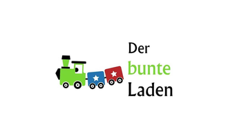 Ein bunter Zug mit einer grünen Lokomotive und drei Waggons in verschiedenen Farben. Der Text „Der bunte Laden“ ist in klaren Buchstaben dargestellt. | © bunte laden logo