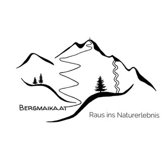 A minimalist logo featuring mountains, a path, and some trees. The slogan "Get out into nature experience" invites adventures in nature. | © Bergmaika.at | Marion Edlinger