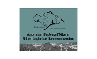 The image shows a mountainous landscape with stylized mountains and trees. It includes text promoting hikes, ski tours, and snowshoeing. | © Bergmaika.at | Marion Edlinger