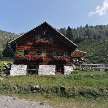 Ein rustikales Holzhaus umgeben von grünen Wiesen und Bergen. Blumenkästen mit bunten Blumen schmücken die Fenster. | © Fluchtalpe | N. Lughammer