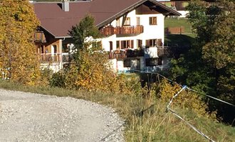 Ein idyllisches Haus inmitten von buntem Herbstlaub. Der Garten ist gut gepflegt und das Gebäude hat einen traditionellen alpinen Stil. | © Gasthof Café Alpenwald | Thorsten Alpenwald
