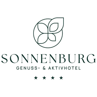 A logo of the Sonnenburg Pleasure & Active Hotel. It features colorful leaves and has four stars.