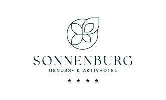 A logo of the Sonnenburg Pleasure & Active Hotel. It features colorful leaves and has four stars.
