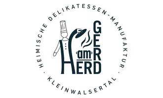 Ein stilisiertes Logo mit einem Koch und dem Schriftzug "GEr am HERD". Es repräsentiert eine Delikatessen-Manufaktur im Kleinwalsertal. | © Gerd am Herd | Gerd Hammerer Logo