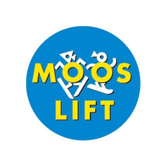 A round logo with the text "MOOS LIFT" in yellow letters on a blue background. Various stylized figures are also depicted. | © Mooslift Logo