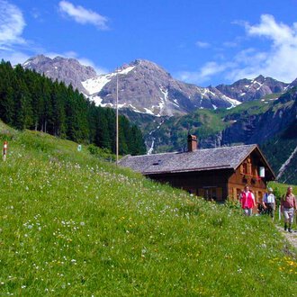 Eine malerische Berghütte inmitten einer grünen Wiese. Im Hintergrund erheben sich majestätische Berge unter einem blauen Himmel. | © Innere Wiesalpe | Andrea Kainz zuckerschnecke.at