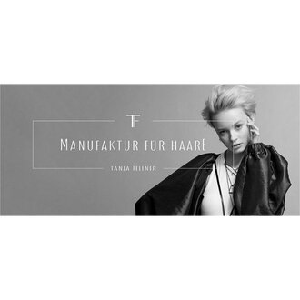 A modern black and white image featuring a woman wearing stylish clothing. The text "Manufaktur für Haare" and "Tanja Heilmer" are visible. | © TF Tanja Fellner Manufaktur für Haare Logo