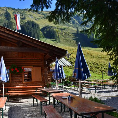 Eine gemütliche Hütte in den Bergen mit Tischen und Bänken im Freien. Im Hintergrund sind grüne Wiesen und Berge zu sehen. | © Kleinwalsertal Tourismus