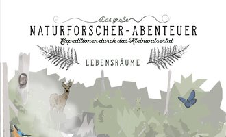 A creative illustration with animals and plants in a natural environment. The text describes a nature explorer adventure in Kleinwalsertal.